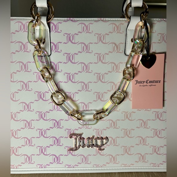 NWT Juicy Couture Bling Logo Tote Bag Pink White Chain Handle Purse HTF - Picture 6 of 14
